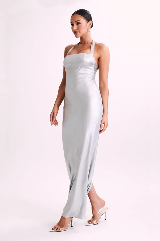 Women Meshki Dresses Sabra Satin Halter Maxi Dress 8211 Silver