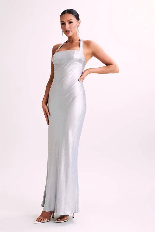 Women Meshki Dresses Sabra Satin Halter Maxi Dress 8211 Silver