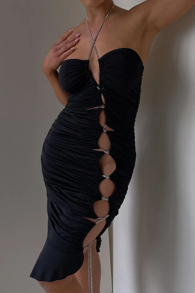 Women Meshki Dresses Shelby Diamante Rope Halter Asymmetric Hem Dress 8211 Black