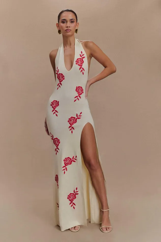 Women Meshki Dresses Shiloh Rose Knit Halter Maxi Dress 8211 Ivory