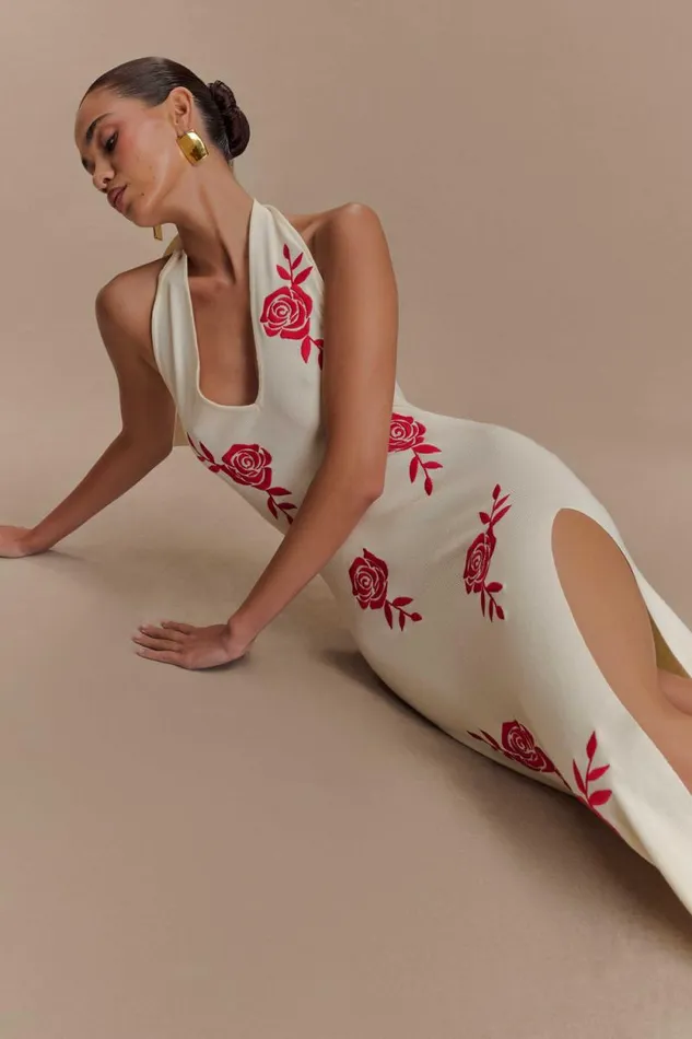Women Meshki Dresses Shiloh Rose Knit Halter Maxi Dress 8211 Ivory