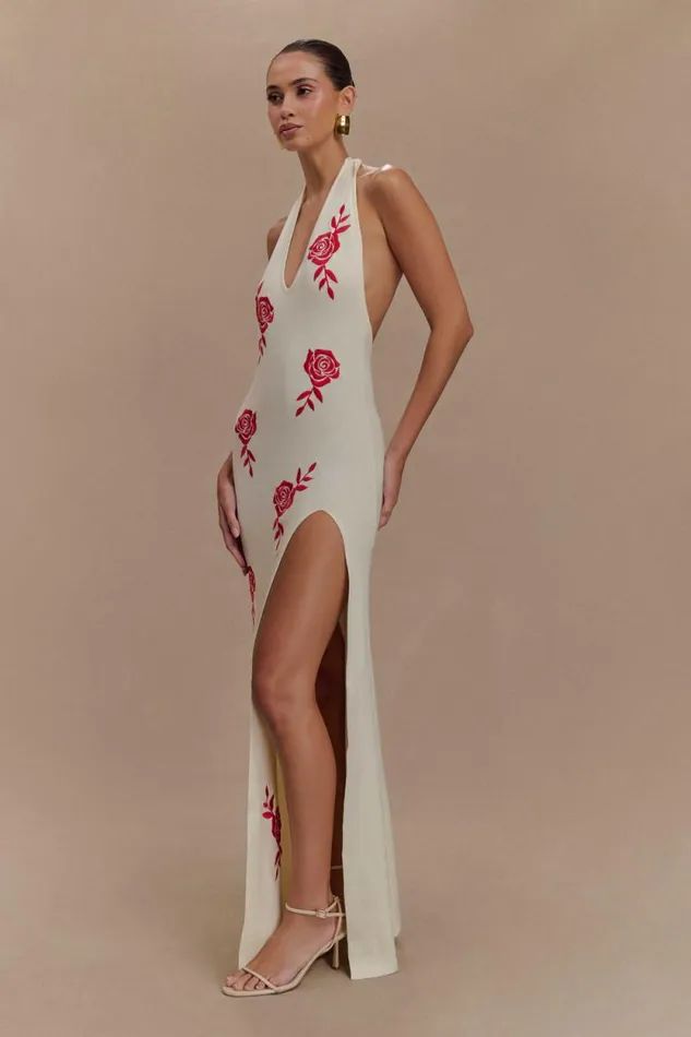 Women Meshki Dresses Shiloh Rose Knit Halter Maxi Dress 8211 Ivory