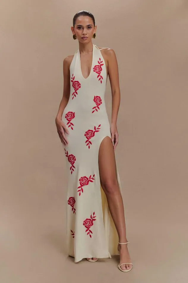 Women Meshki Dresses Shiloh Rose Knit Halter Maxi Dress 8211 Ivory
