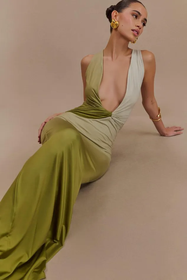 Women Meshki Dresses Stella Draped Slinky Maxi Dress 8211 Ombre Vintage Olive