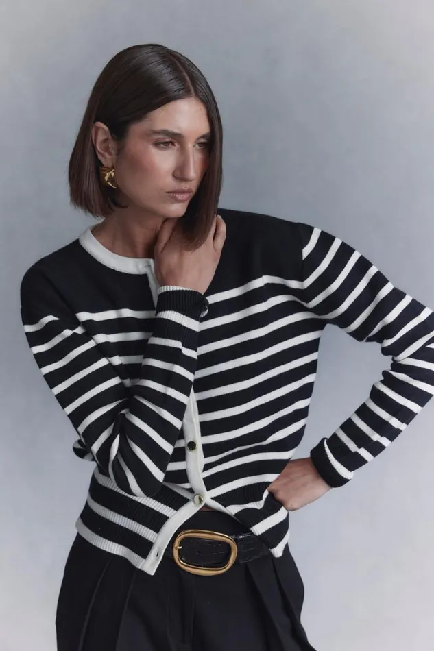 Women Meshki Dresses Talia Stripe Knit Cardigan 8211 BlackWhite