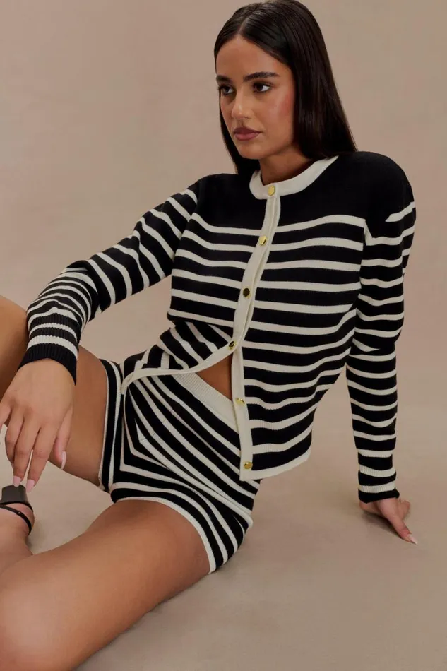 Women Meshki Dresses Talia Stripe Knit Cardigan 8211 BlackWhite