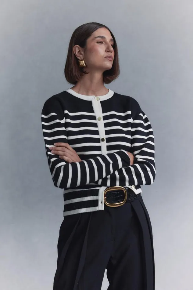 Women Meshki Dresses Talia Stripe Knit Cardigan 8211 BlackWhite
