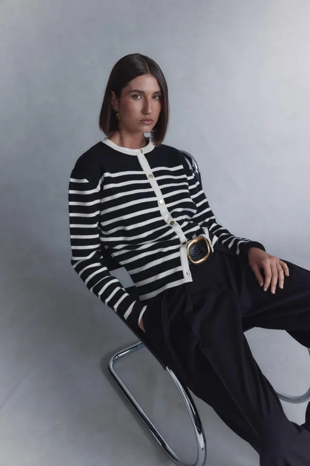 Women Meshki Dresses Talia Stripe Knit Cardigan 8211 BlackWhite