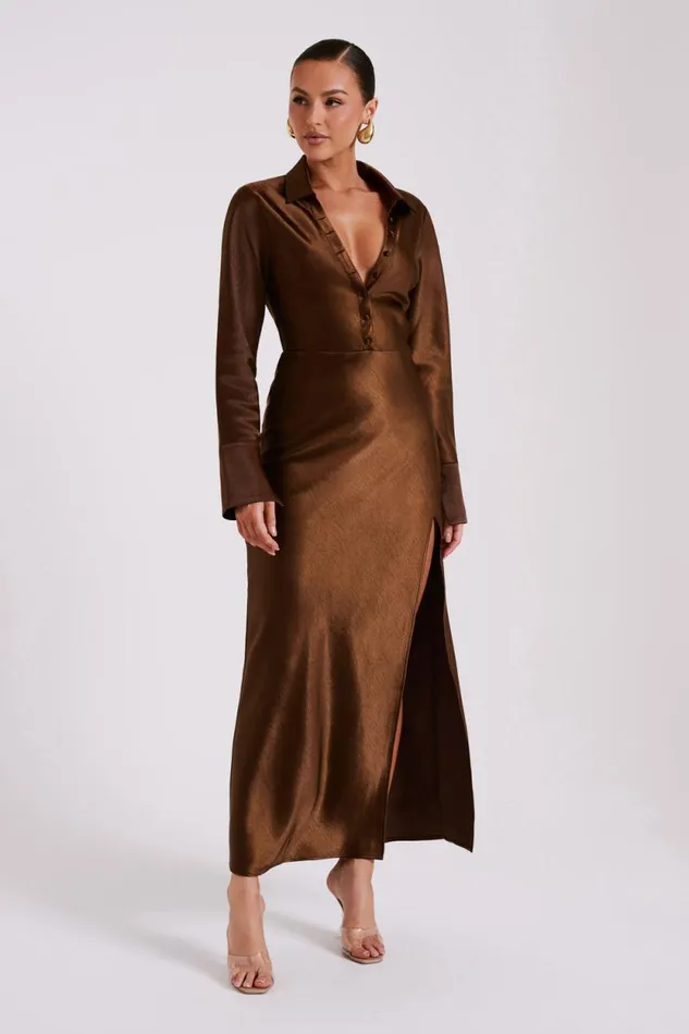 Women Meshki Dresses Whitley Satin Collared Maxi Dress 8211 Dark Brown