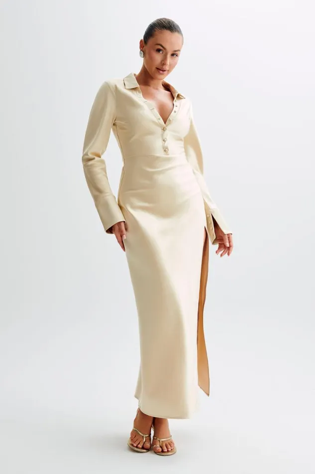 Women Meshki Dresses Whitley Satin Collared Maxi Dress 8211 Gold