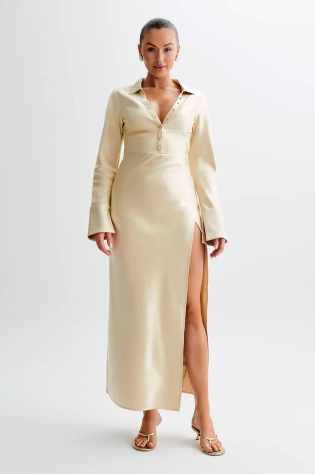 Women Meshki Dresses Whitley Satin Collared Maxi Dress 8211 Gold