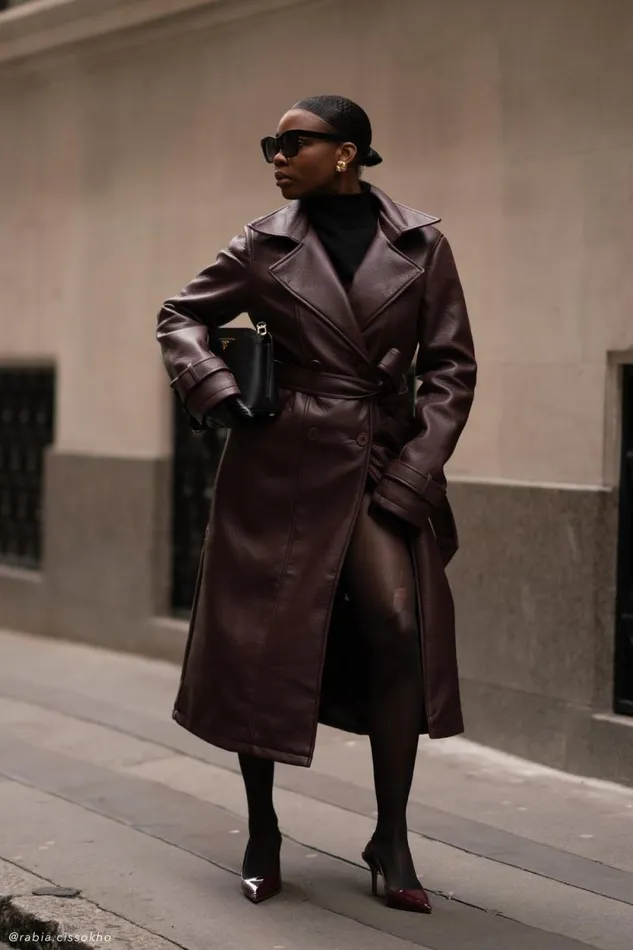 Women Meshki Outerwear Tarah Faux Leather Trench Coat 8211 Cacao Brown