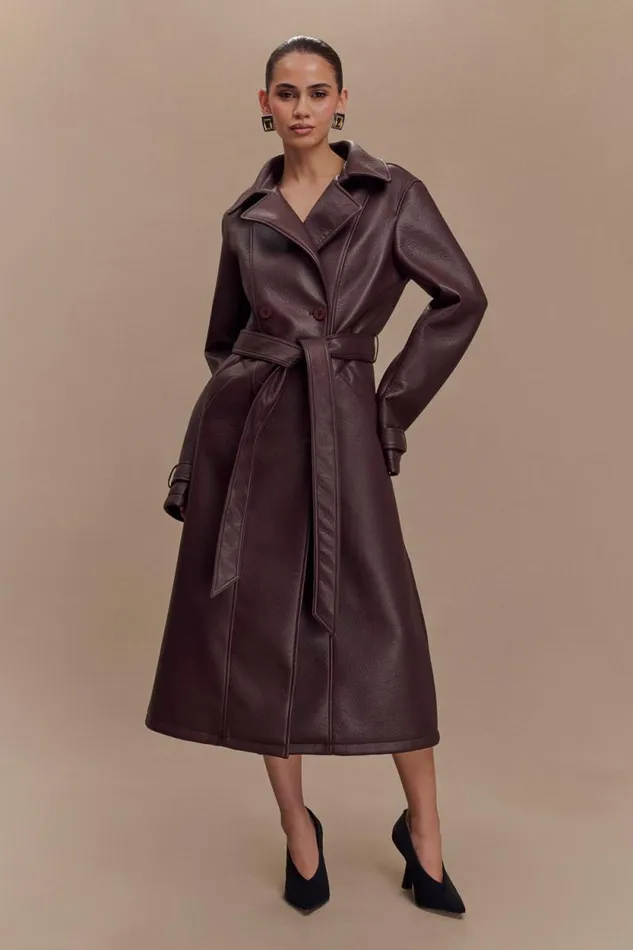 Women Meshki Outerwear Tarah Faux Leather Trench Coat 8211 Cacao Brown