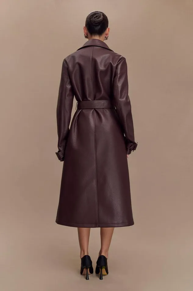 Women Meshki Outerwear Tarah Faux Leather Trench Coat 8211 Cacao Brown
