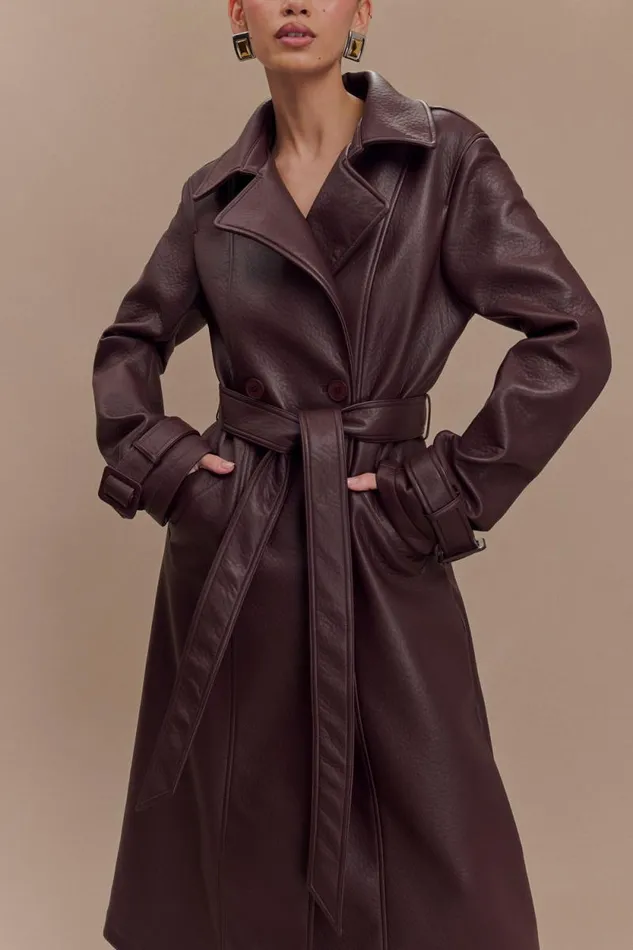 Women Meshki Outerwear Tarah Faux Leather Trench Coat 8211 Cacao Brown