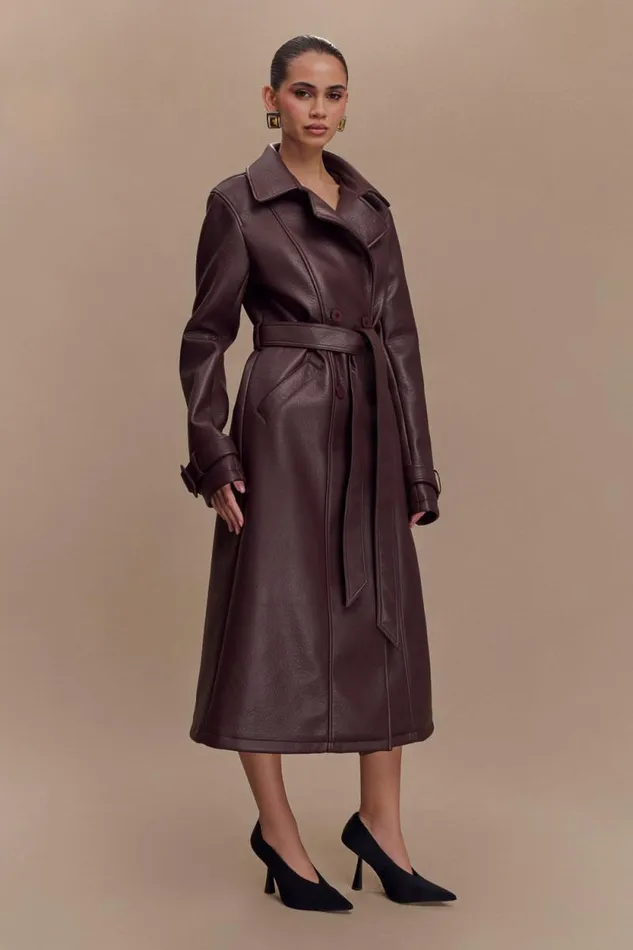 Women Meshki Outerwear Tarah Faux Leather Trench Coat 8211 Cacao Brown