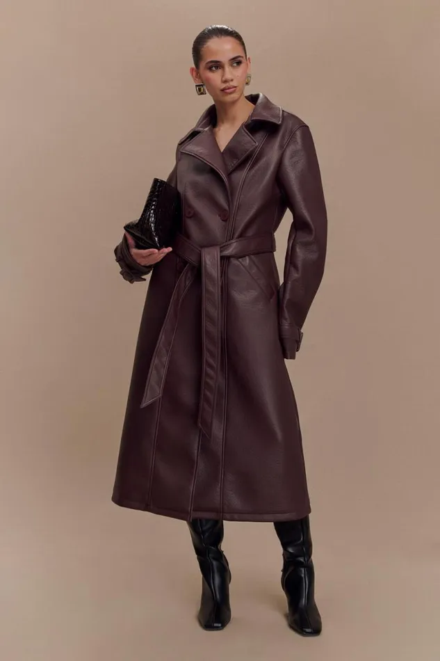 Women Meshki Outerwear Tarah Faux Leather Trench Coat 8211 Cacao Brown