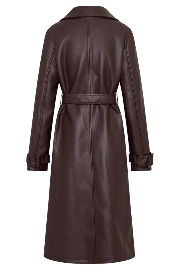 Women Meshki Outerwear Tarah Faux Leather Trench Coat 8211 Cacao Brown