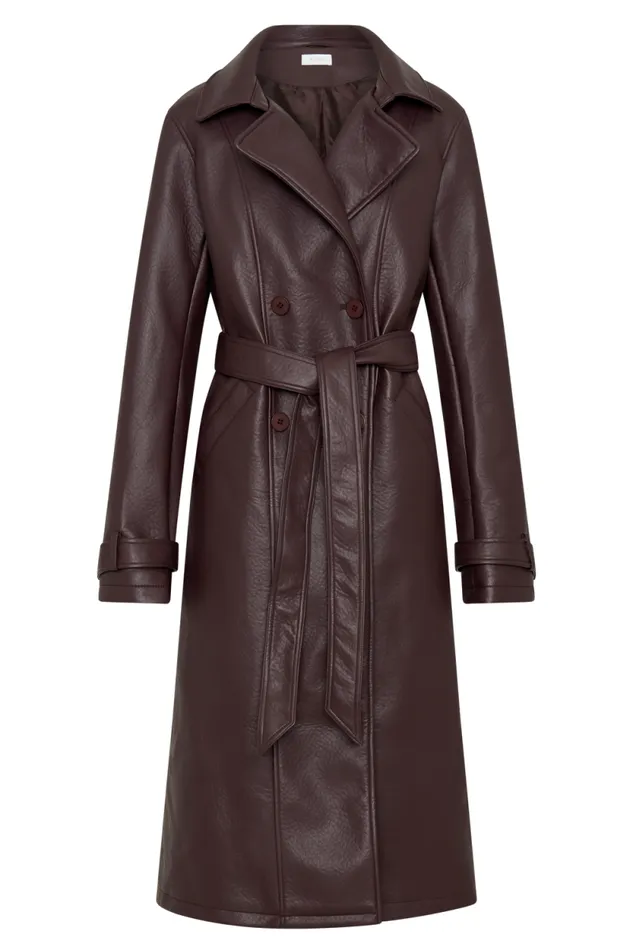 Women Meshki Outerwear Tarah Faux Leather Trench Coat 8211 Cacao Brown