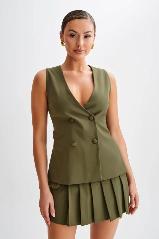 Women Meshki Tops Amelie Suiting Longline Vest 8211 Military Olive