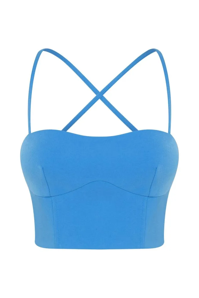 Women Meshki Tops Bahar Seam Line Crop Top 8211 Azure Blue