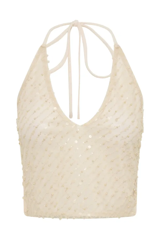 Women Meshki Tops Brielle Sequin Halter Top 8211 Buttercream