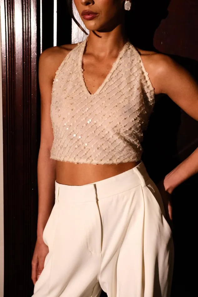 Women Meshki Tops Brielle Sequin Halter Top 8211 Buttercream