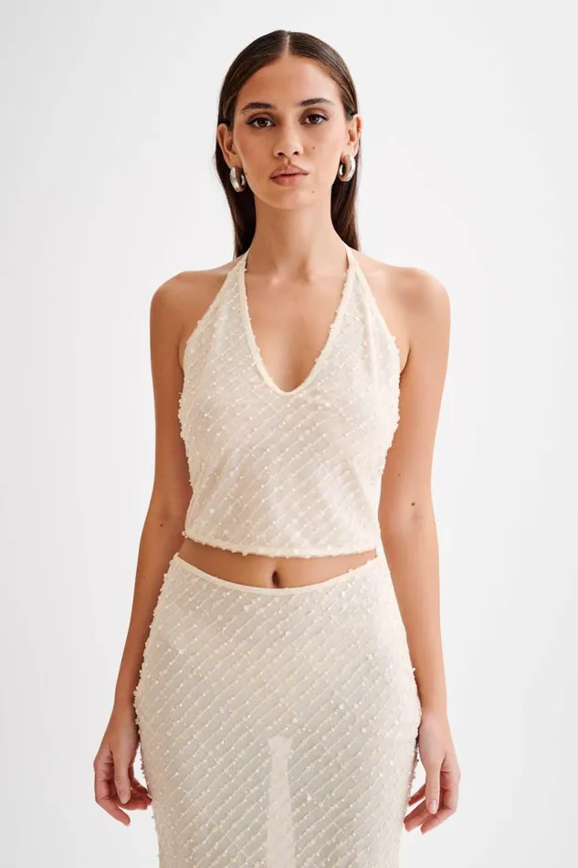Women Meshki Tops Brielle Sequin Halter Top 8211 Buttercream