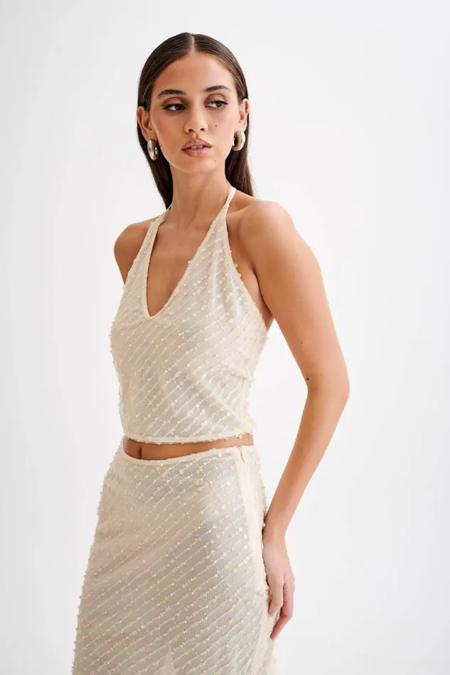 Women Meshki Tops Brielle Sequin Halter Top 8211 Buttercream