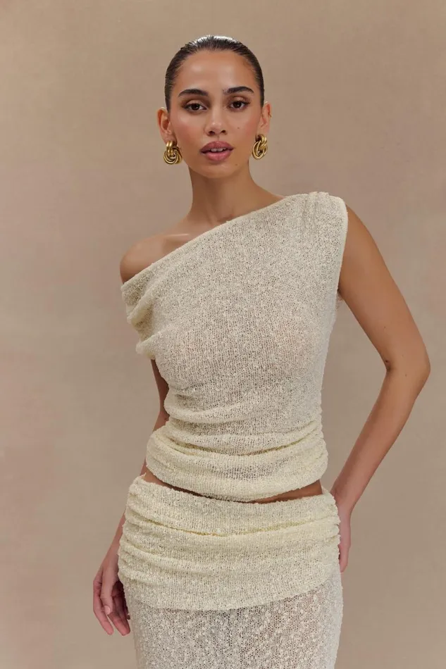Women Meshki Tops Chloe Off Shoulder Boucle Knit Top 8211 Ivory