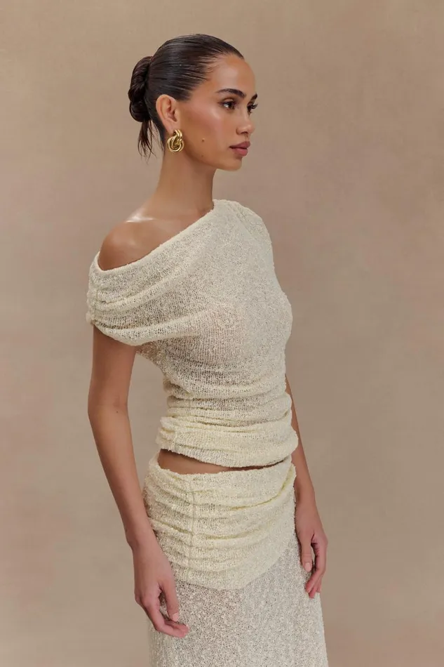 Women Meshki Tops Chloe Off Shoulder Boucle Knit Top 8211 Ivory