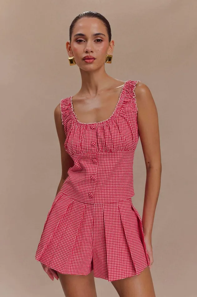 Women Meshki Tops Ines Sleeveless Ruched Top 8211 Red Gingham