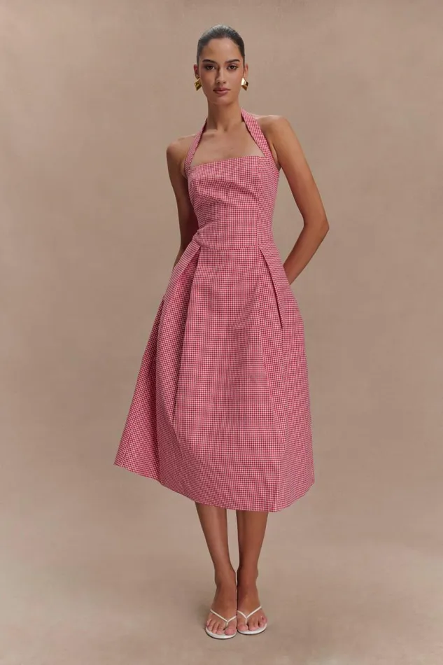 Women Meshki Tops Juana Halter Midi Dress 8211 Red Gingham
