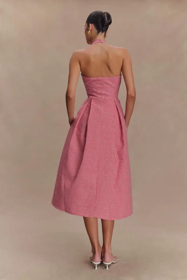 Women Meshki Tops Juana Halter Midi Dress 8211 Red Gingham