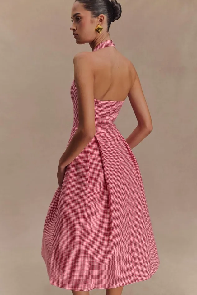Women Meshki Tops Juana Halter Midi Dress 8211 Red Gingham