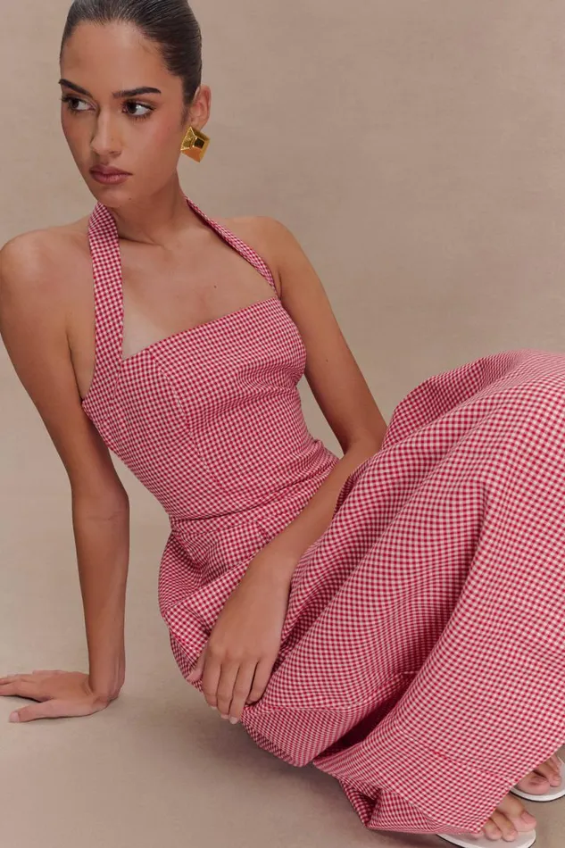 Women Meshki Tops Juana Halter Midi Dress 8211 Red Gingham