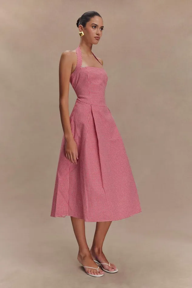 Women Meshki Tops Juana Halter Midi Dress 8211 Red Gingham