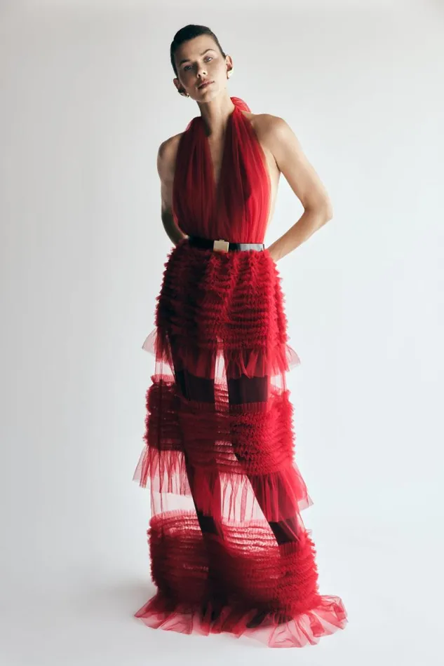 Women Meshki Tops Minka Mesh Ruffle Halter Maxi Dress 8211 Red