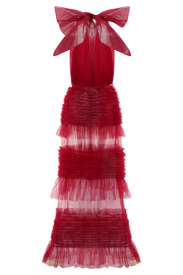 Women Meshki Tops Minka Mesh Ruffle Halter Maxi Dress 8211 Red