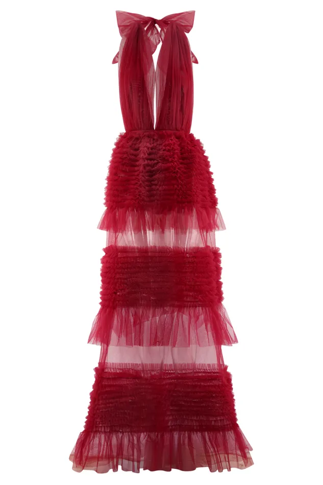 Women Meshki Tops Minka Mesh Ruffle Halter Maxi Dress 8211 Red