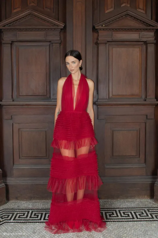 Women Meshki Tops Minka Mesh Ruffle Halter Maxi Dress 8211 Red