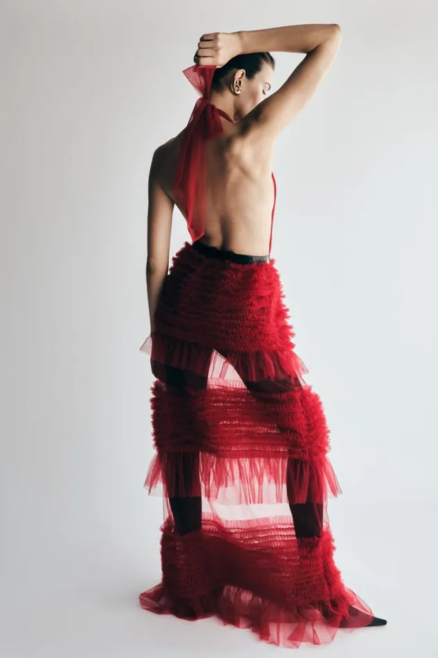 Women Meshki Tops Minka Mesh Ruffle Halter Maxi Dress 8211 Red