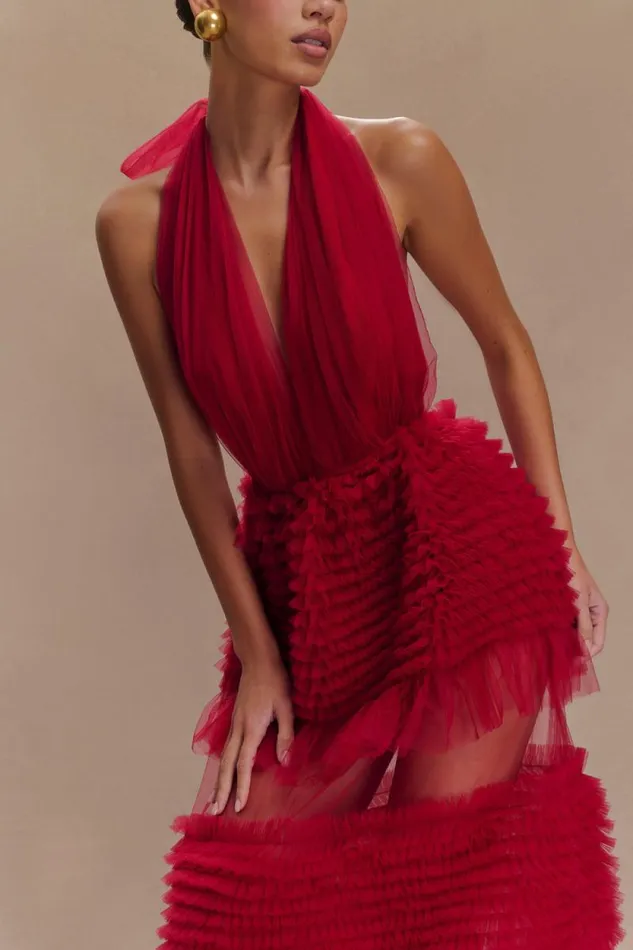 Women Meshki Tops Minka Mesh Ruffle Halter Maxi Dress 8211 Red