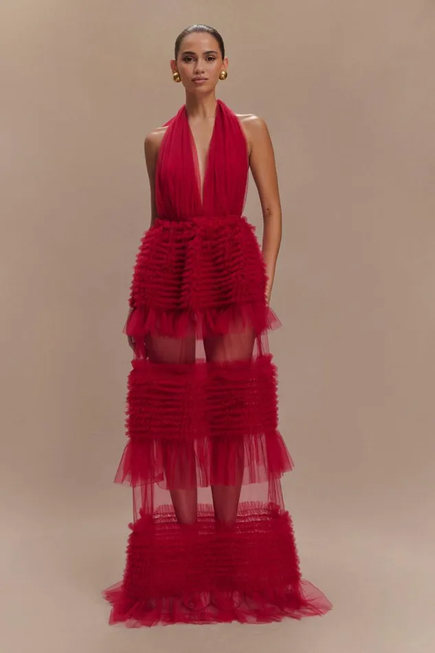 Women Meshki Tops Minka Mesh Ruffle Halter Maxi Dress 8211 Red