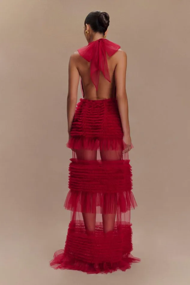 Women Meshki Tops Minka Mesh Ruffle Halter Maxi Dress 8211 Red