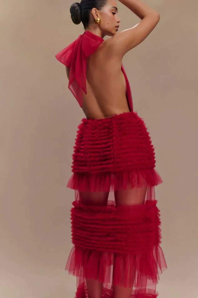 Women Meshki Tops Minka Mesh Ruffle Halter Maxi Dress 8211 Red