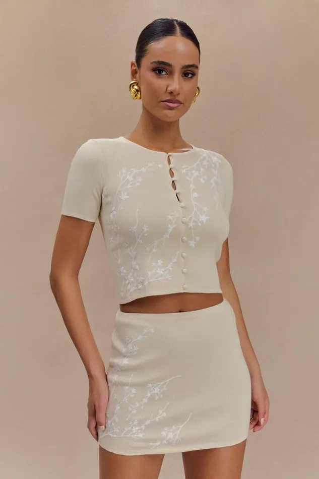 Women Meshki Tops Monroe Embroidered Knit Top 8211 Cream And Ivory