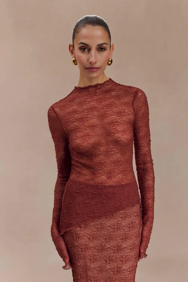 Women Meshki Tops Riley Sheer Lace Long Sleeve Top 8211 Chilli
