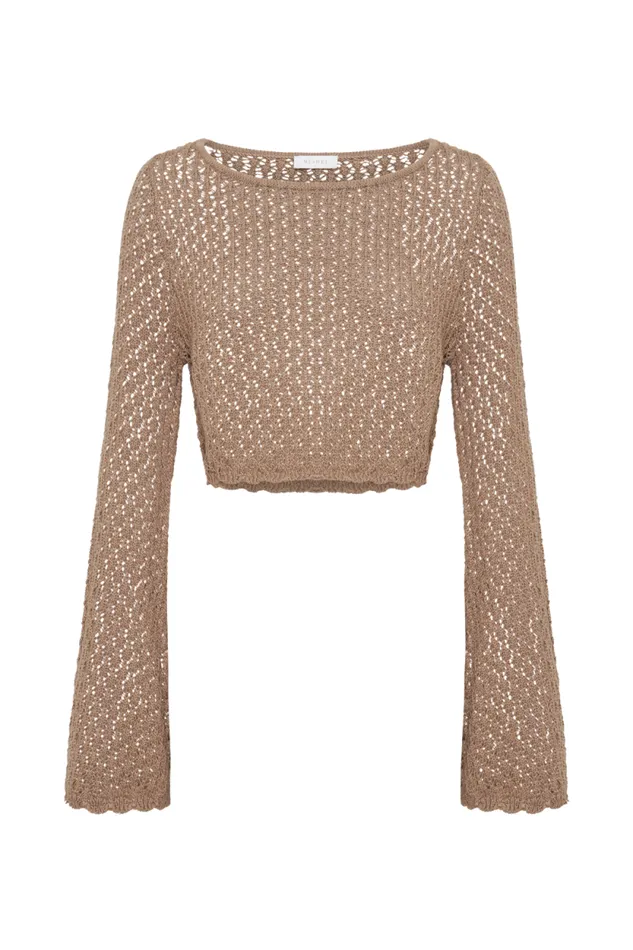 Women Meshki Tops Sian Knit Long Sleeve Crop Top 8211 Taupe