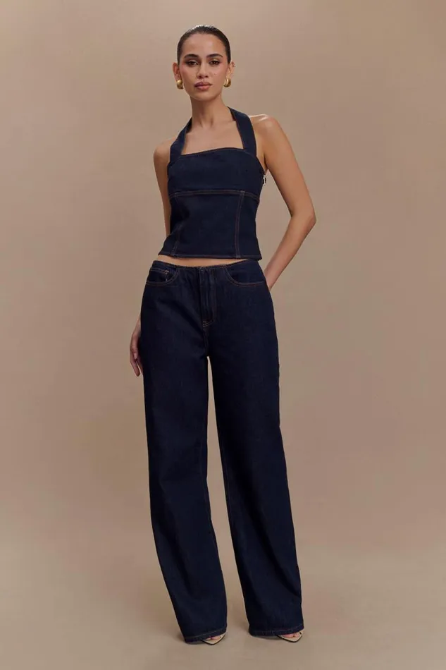 Women Meshki Two Piece Sets Caitlin Mid Rise Denim Flare Jeans 8211 Indigo Blue